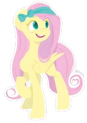Size: 644x911 | Tagged: amazed, artist:felcia, chest fluff, cute, derpibooru import, fluttershy, folded wings, headband, lineless, looking at something, looking away, looking up, open mouth, raised hoof, safe, shyabetes, simple background, smiling, solo, standing, transparent background