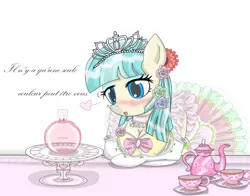 Size: 2800x2200 | Tagged: anthro, artist:avchonline, ballerina, blushing, breasts, busty coco pommel, canterlot royal ballet academy, chanel no. 5, cleavage, clothes, coco pommel, derpibooru import, dress, evening gloves, female, flower, flower in hair, food, french, frilly dress, gloves, hooves on the table, jewelry, makeup, perfume, safe, solo, tea, teacup, teapot, tea set, tiara, translated in the description, tutu