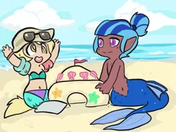 Size: 1335x1000 | Tagged: artist:mt, beach, belly button, bikini, clothes, derpibooru import, midriff, mt is trying to murder us, oc, oc:dingaling, oc:maxie, offspring, parent:derpy hooves, parent:sonata dusk, safe, sand castle, satyr, sunglasses, swimsuit, unofficial characters only