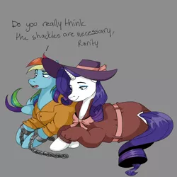 Size: 1150x1150 | Tagged: artist:chocolateponi, blushing, clothes, derpibooru import, detective rarity, duo, hat, prisoner rd, prison outfit, rainbow dash, rarity, rarity investigates, safe, shackles, smiling