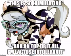 Size: 636x500 | Tagged: safe, artist:kunaike, derpibooru import, edit, silver spoon, cow, pony, animal costume, caption, clothes, costume, cowbell, female, filly, image macro, meme, silver moo, solo, udder