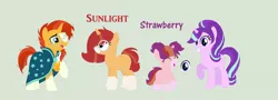 Size: 1024x370 | Tagged: safe, artist:aquadusk, derpibooru import, starlight glimmer, sunburst, oc, oc:strawberry, oc:sunlight, blank flank, family, female, male, missing cutie mark, offspring, parent:starlight glimmer, parent:sunburst, parents:starburst, shipping, starburst, straight