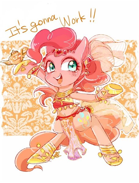 Size: 600x791 | Tagged: safe, artist:sibashen, derpibooru import, pinkie pie, pony, belly button, belly dancer, bipedal, clothes, dancing, jewelry, lamp, loincloth, midriff, oil lamp, positive ponies, see-through, smiling, solo, tail veil, talking, veil