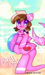 Size: 692x1154 | Tagged: artist:bunxl, beach, beach ball, bikini, clothes, derpibooru import, oc, oc:ashee, original species, safe, shark pony, solo, swimsuit, unofficial characters only