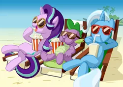 Size: 3000x2121 | Tagged: safe, artist:mister-saugrenu, derpibooru import, spike, starlight glimmer, trixie, dragon, pony, unicorn, beach, beach chair, beverage, crossed hooves, cup, eating, female, food, hanging out, male, mare, open mouth, palm tree, popcorn, popcorn buddies, relaxing, sand, shipping, sipping, soda, sparlight, sparlixie, spike gets all the mares, spixie, straight, sunglasses, the amazing trio of friendship, updated