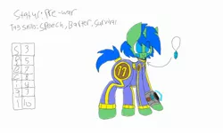 Size: 1600x960 | Tagged: safe, artist:chillywilly, derpibooru import, oc, oc:chilly willy, unofficial characters only, pony, unicorn, fallout equestria, fallout, gem, jewelry, necklace, pipbuck, reference sheet, solo, vault suit