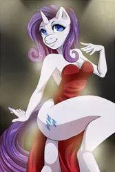 Size: 733x1100 | Tagged: anthro, artist:kazibug, breasts, cleavage, clothes, derpibooru import, dress, female, jessica rabbit, pinup, rarity, red dress, side slit, solo, solo female, spotlight, suggestive