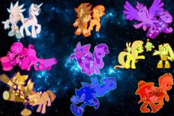 Size: 900x600 | Tagged: safe, artist:trungtranhaitrung, derpibooru import, angel bunny, applejack, fluttershy, pinkie pie, princess cadance, rainbow dash, rarity, shining armor, sunset shimmer, twilight sparkle, twilight sparkle (alicorn), alicorn, chao, pony, unicorn, amy rose, basket, blaze the cat, colored, cream the rabbit, crossover, fruit, knuckles the echidna, mane six, miles "tails" prower, party cannon, piko piko hammer, rouge the bat, shadow the hedgehog, silver the hedgehog, sonic the hedgehog, sonic the hedgehog (series), space, telescope, vegetables