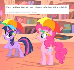 Size: 607x571 | Tagged: comments, cropped, derpibooru import, edit, edited screencap, feeling pinkie keen, hat, pinkie pie, rainbow hat, safe, screencap, tumblr, tumblr fandom text posts, twilight sparkle, umbrella hat, vulgar