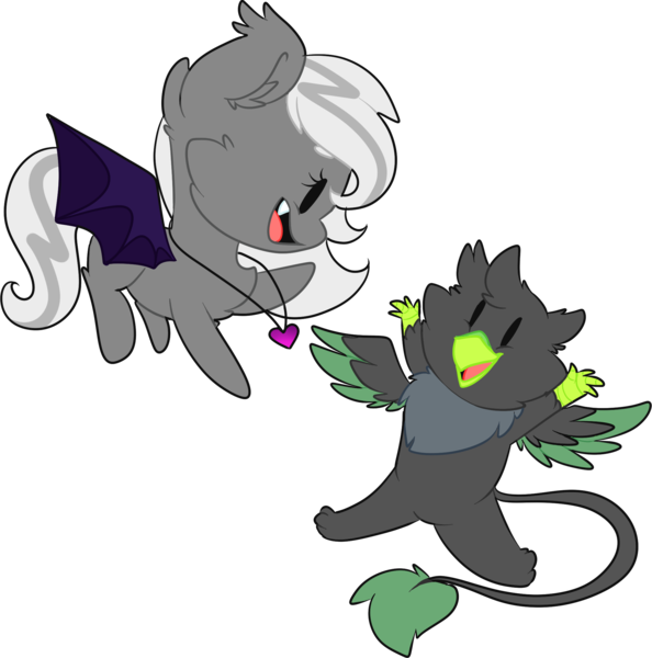 Size: 2129x2151 | Tagged: safe, artist:ro-z-po-z, derpibooru import, oc, oc:amethyst sky, oc:lightning fluff, unofficial characters only, bat pony, gryphon, pony, chibi