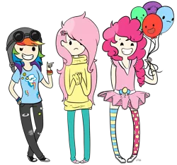 Size: 1067x1000 | Tagged: adventure time, artist:soullessteddybear, clothes, derpibooru import, fluttershy, human, humanized, pinkie pie, rainbow dash, safe, style emulation, sweater, sweatershy