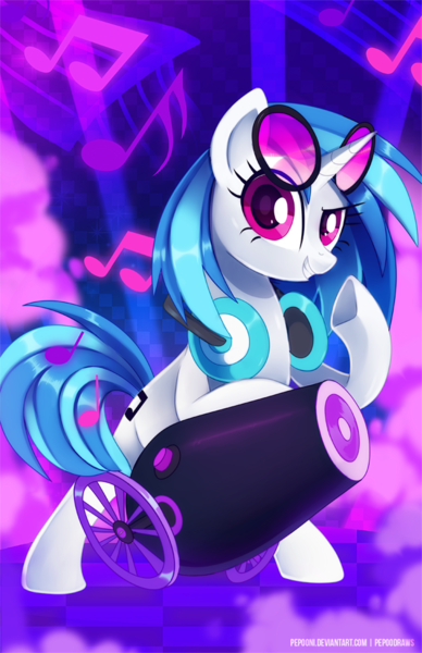 Size: 588x909 | Tagged: safe, artist:pepooni, derpibooru import, vinyl scratch, pony, unicorn, bass cannon, cutie mark, female, headphones, hooves, horn, mare, music notes, smiling, solo, sunglasses, teeth