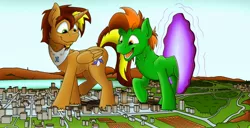 Size: 1600x816 | Tagged: dead source, safe, artist:fandroit, derpibooru import, oc, oc:brightmind, oc:fandroit, unofficial characters only, earth pony, pony, city, crushing, destruction, doomsday, giant pony, growth, macro, male, portal, rampage, stallion, stomping