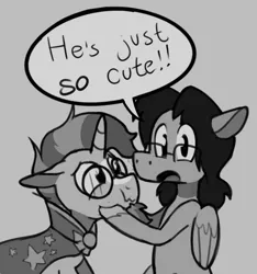 Size: 755x807 | Tagged: safe, artist:enma-darei, derpibooru import, sunburst, oc, oc:mortimer hooves, pegasus, pony, unicorn, :t, cute, facial hair, floppy ears, glasses, goatee, looking at you, male, monochrome, open mouth, scrunchy face, speech bubble, squishy cheeks, stallion, truth, wavy mouth, wide eyes