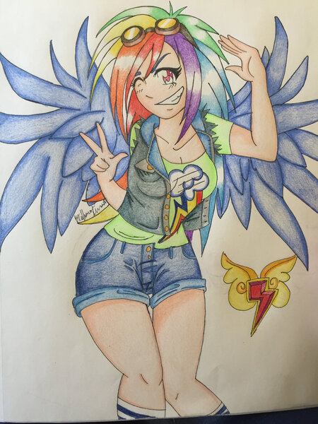 Size: 1024x1365 | Tagged: artist:bpdmommy, clothes, derpibooru import, element of loyalty, goggles, grin, human, humanized, rainbow dash, safe, shorts, smiling, solo, traditional art, t-shirt, vest, winged humanization, wink