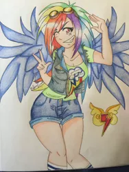 Size: 1024x1365 | Tagged: artist:bpdmommy, clothes, derpibooru import, element of loyalty, goggles, grin, human, humanized, rainbow dash, safe, shorts, smiling, solo, traditional art, t-shirt, vest, winged humanization, wink