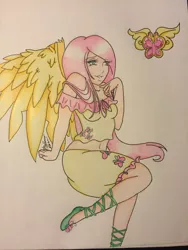 Size: 1024x1365 | Tagged: artist:bpdmommy, belly button, clothes, derpibooru import, element of kindness, fluttershy, human, humanized, midriff, safe, shoes, shoulderless, simple background, skirt, solo, traditional art, winged humanization