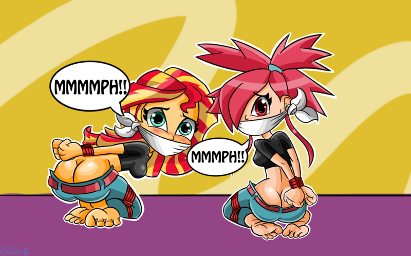 Size: 1024x637 | Tagged: questionable, semi-grimdark, artist:gaggeddude32, derpibooru import, sunset shimmer, equestria girls, ass, barefoot, bondage, bunset shimmer, butt, buttcrack, cloth gag, crossover, duo, feet, female, females only, femsub, flannery, gag, muffled moaning, pokémon, submissive, subset