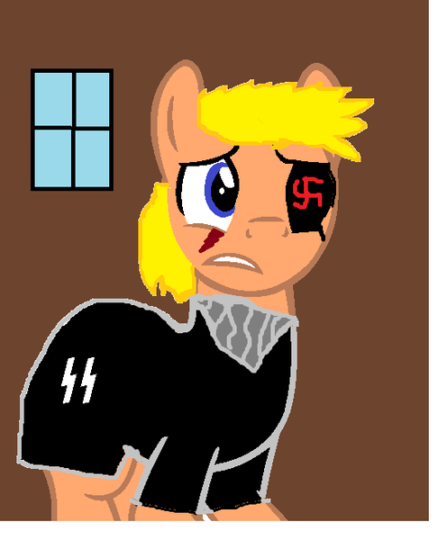 Size: 540x653 | Tagged: 1000 hours in ms paint, artist:themultibrony21, clothes, derpibooru import, edgy, eyepatch, indoors, male, ms paint, nazi, nervous, oc, oc:mal hearts, safe, scar, solo, swastika, trenchcoat, unofficial characters only, waffen-ss, world war ii