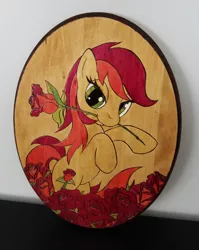 Size: 900x1132 | Tagged: safe, artist:cyle, derpibooru import, roseluck, pony, craft, female, flower, flower in mouth, mare, mouth hold, pyrography, rearing, rose, solo, traditional art, woodwork