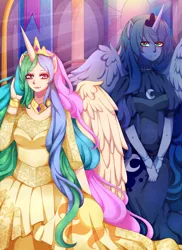 Size: 2400x3303 | Tagged: artist:kamikotody, clothes, crepuscular rays, derpibooru import, dress, duo, horned humanization, human, humanized, pony coloring, princess celestia, princess luna, safe, smiling, winged humanization, wings