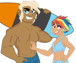 Size: 1101x924 | Tagged: artist:dbkit, belly button, derpibooru import, dumbbell, dumbdash, female, human, humanized, male, midriff, rainbow dash, safe, shipping, straight, surfboard