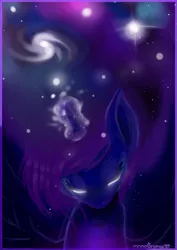 Size: 2507x3541 | Tagged: safe, artist:monochromacat, derpibooru import, princess luna, dark, eyes closed, galaxy mane, magic, one layer, signature, solo, space