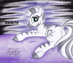 Size: 1024x886 | Tagged: artist:thechrispony, derpibooru import, dock, fallout equestria, fanfic, fanfic art, female, hooves, looking at you, looking back, looking back at you, lying down, mare, oc, oc:xenith, plot, safe, solo, traditional art, unofficial characters only, untamed wasteland beauties, zebra, zebra oc