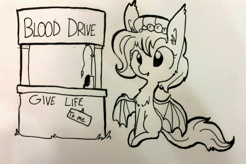 Size: 1280x855 | Tagged: safe, artist:tjpones, derpibooru import, oc, oc:brownie bun, unofficial characters only, bat pony, pony, vampire, bat ponified, blood donation, chest fluff, cute, ear fluff, fangs, fluffy, lineart, looking at you, monochrome, race swap, seems legit, sitting, smiling, solo, spread wings, traditional art