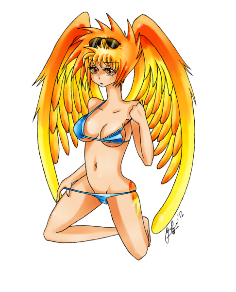 Size: 2481x3065 | Tagged: artist:manhunterj, belly button, bikini, breasts, clothes, derpibooru import, female, human, humanized, simple background, solo, solo female, spitfire, stupid sexy spitfire, suggestive, swimsuit, transparent background, undressing, winged humanization