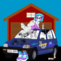 Size: 1500x1500 | Tagged: suggestive, artist:carcrushlover, derpibooru import, vinyl scratch, equestria girls, broken window, car, daewoo tico, feet, foot fetish, footprint, graffiti, sneakers, spray paint, toes, vandalism