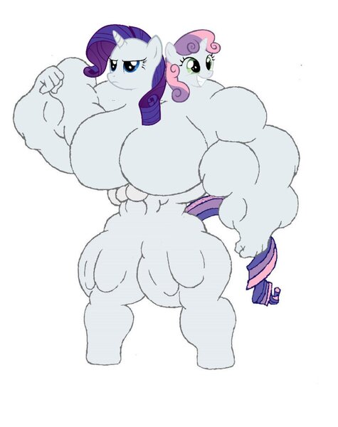 Size: 796x1005 | Tagged: anthro, artist:theunknowenone1, buff, conjoined, derpibooru import, fetish, fusion, multiple heads, muscle fetish, muscles, rarity, ripped rarity, sisters, source needed, suggestive, sweetie barbell, sweetie belle, two heads, unguligrade anthro, useless source url, wat