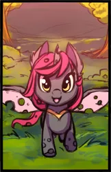 Size: 935x1441 | Tagged: safe, artist:starshinebeast, derpibooru import, oc, oc:glitch desire, unofficial characters only, changeling, changeling oc, colt, foal, male, pink changeling, running