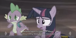 Size: 640x320 | Tagged: safe, artist:mlp-captions, derpibooru import, screencap, spike, twilight sparkle, twilight sparkle (alicorn), alicorn, dragon, pony, the cutie re-mark, backpack, discovery family logo, mark, meme, youtube caption