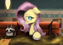 Size: 3290x2381 | Tagged: artist:vinicius040598, derpibooru import, diner, fluttershy, food, french fries, hay fries, horseshoes, raccoon, safe, scene interpretation, sheepish grin, the saddle row review
