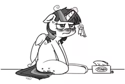 Size: 1280x854 | Tagged: safe, artist:pabbley, derpibooru import, twilight sparkle, twilight sparkle (alicorn), alicorn, pony, 30 minute art challenge, crying, floppy ears, frown, glare, grumpy, kleenex, levitation, lidded eyes, magic, messy mane, monochrome, partial color, pone, red nosed, sick, sitting, sketch, solo, telekinesis, tissue, tissue box, unamused