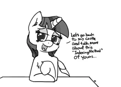 Size: 1280x923 | Tagged: safe, artist:pabbley, derpibooru import, twilight sparkle, twilight sparkle (alicorn), alicorn, pony, 30 minute art challenge, dialogue, dirty talk, looking at you, monochrome, sitting, sketch, solo
