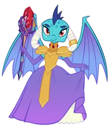 Size: 800x911 | Tagged: armor, artist:queencold, beautiful, bloodstone scepter, clothes, curtsey, derpibooru import, dragon, dragoness, dragon lord ember, dress, jewelry, lady of war, princess ember, queen, safe, simple background, solo, teenaged dragon, transparent background
