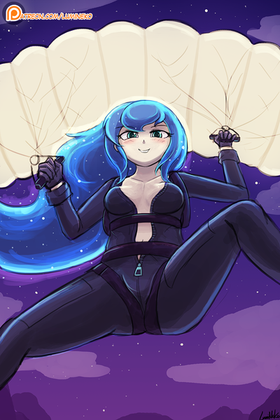 Size: 750x1125 | Tagged: absolute cleavage, artist:lumineko, breasts, catsuit, cleavage, clothes, commission, derpibooru import, female, human, humanized, jumpsuit, parachute, patreon, patreon logo, princess luna, skydiving, solo, solo female, suggestive