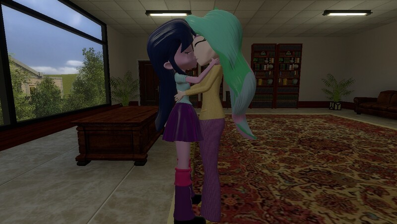 Size: 1360x768 | Tagged: safe, artist:mk513, derpibooru import, princess celestia, twilight sparkle, twilight sparkle (alicorn), equestria girls, 3d, female, gmod, kissing, lesbian, office, principal celestia, shipping, twilestia