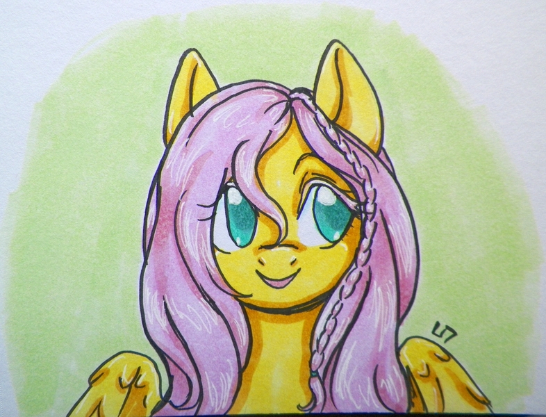 Size: 1687x1288 | Tagged: safe, artist:unluckyxse7en, derpibooru import, fluttershy, alternate hairstyle, braid, bust, looking away, portrait, smiling, solo, traditional art