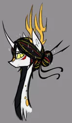 Size: 600x1011 | Tagged: safe, artist:australian-senior, derpibooru import, oc, oc:niomedes invictus, unofficial characters only, alicorn, dracony, hybrid, kirin, kirindos, alternate hairstyle, alternate universe, antlers, bust, colored sclera, curved horn, glados, gray background, hair bun, hairpins, image, png, portal (valve), portal 2, simple background, solo, yellow eyes
