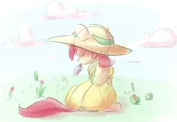Size: 2143x1483 | Tagged: artist:nobody, clothes, derpibooru import, dress, eyes closed, flower, hat, mlpgdraws, mouth hold, rose, roseluck, safe, sitting, sketch, solo, sun hat, trowel