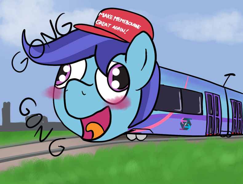 Size: 1580x1200 | Tagged: safe, artist:goldenpansy, derpibooru import, oc, oc:sierra nightingale, unofficial characters only, original species, train pony, blushing, derp, inanimate tf, make america great again, not salmon, open mouth, smiling, solo, tongue out, train, trainified, tram, transformation, wat, what has science done