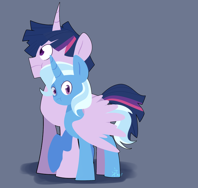 Size: 2000x1892 | Tagged: safe, artist:yaaaco, derpibooru import, trixie, twilight sparkle, twilight sparkle (alicorn), alicorn, pony, :t, dusk shine, female, half r63 shipping, looking at you, male, prince dusk, rule 63, shipping, straight, trixshine