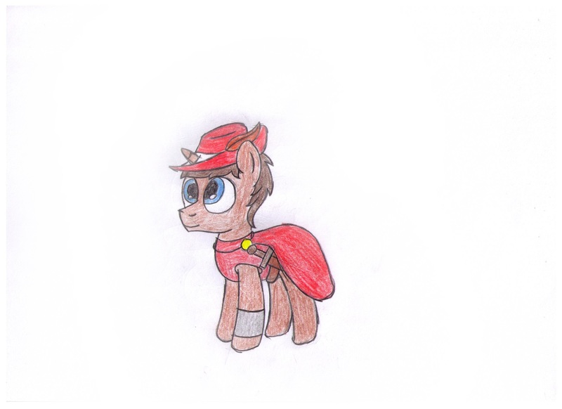 Size: 2338x1700 | Tagged: safe, artist:peternators, derpibooru import, oc, oc:heroic armour, unofficial characters only, pony, unicorn, cape, clothes, colt, feather, hat, male, solo, sword, traditional art, weapon, wooden sword, younger