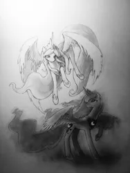 Size: 2448x3264 | Tagged: artist:murphylaw4me, derpibooru import, grayscale, monochrome, princess celestia, princess luna, safe, traditional art