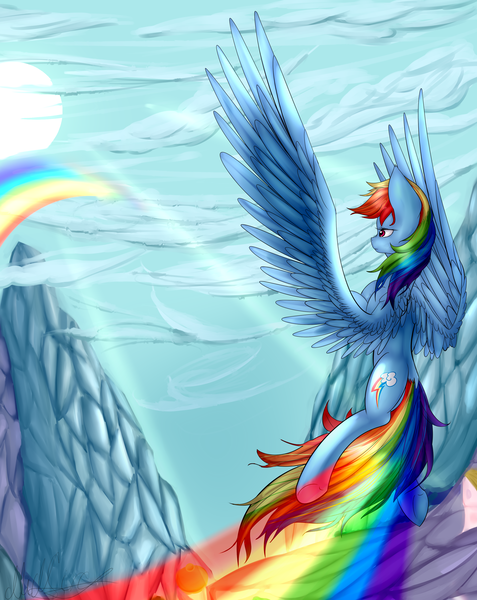 Size: 2413x3037 | Tagged: safe, artist:midfire, derpibooru import, rainbow dash, pegasus, pony, flying, large wings, rainbow trail, solo, wings