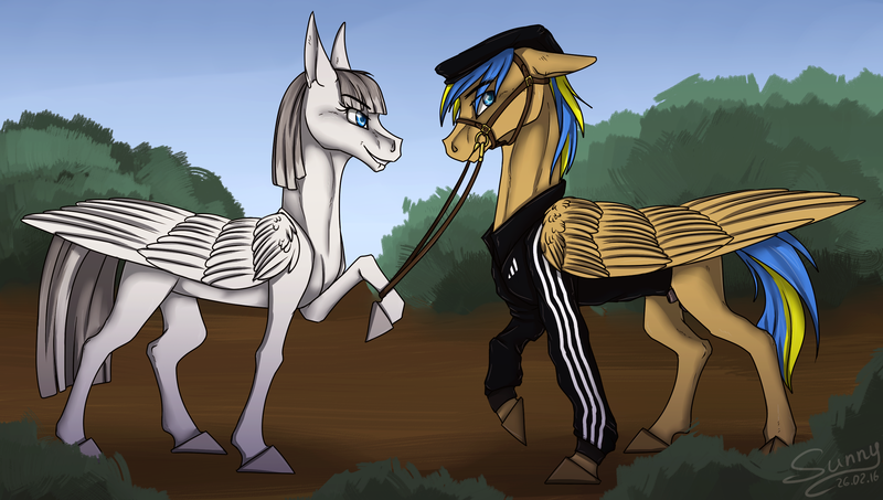 Size: 2752x1559 | Tagged: safe, alternate version, artist:sunny way, derpibooru import, oc, oc:chrome berry, oc:rack redstar, unofficial characters only, pony, adidas, bridle, cheeki breeki, female, flat cap, forest, gopnik, harness, hat, male, mare, nudity, rcf community, sheath, simple background, stallion, tracksuit