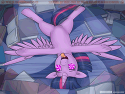 Size: 640x480 | Tagged: safe, artist:jcosneverexisted, derpibooru import, twilight sparkle, twilight sparkle (alicorn), alicorn, pony, animated, armpits, bibliophile, book, bookgasm, dizzy, featureless crotch, high, open mouth, solo, spread wings, swirly eyes, that pony sure does love books, tongue out, underhoof, wat, xk-class end-of-the-world scenario